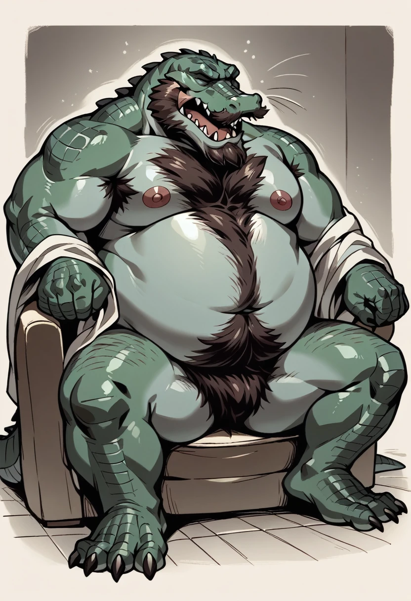 Crocodile,crocodine,Lizardman,reptiles, 6 heads, Overweight man, , Thick, Strong arms and legs, Broad shoulders, A little bit fat, Big beard, big mustache,The whiskers bounce from side to side.,Very hairy, Lots of body hair,chest hair,Detailed body hair, Armpit hair,Wearing a long-sleeved, untethered, translucent bathrobe,Bathrobes are only fluffy, Almost naked, Slits in the crotch,pubic hair, Sit on a chair and spread your legs,barefoot,yawn,Stretch out a lot, Modern minimalist living room