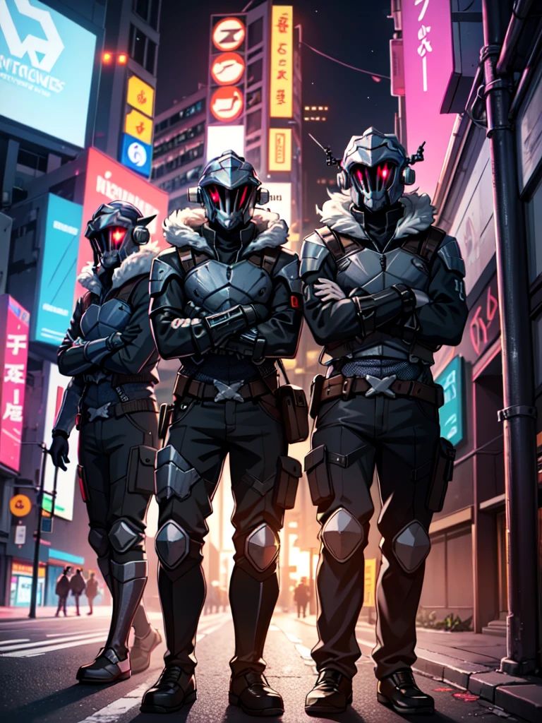 (reimagined in a cyberpunk universe), (cyberpunk style), (cyberpunk), (cyberpunk outfit),high quality, best quality, masterpiece, solo, 1boy, goblin slayer, cyberpunk armor, helmet, glowing eye, with a mechanical green mask, fur collar, against wall, crossed arms, looking at viewer, cyberpunk city,exomagmatech , scifi, lava made, translucent ,shinobitech , scifi, shinobi, bulky metal , (cyberpunk:1.1) , neon lights, vehicle on the street ,