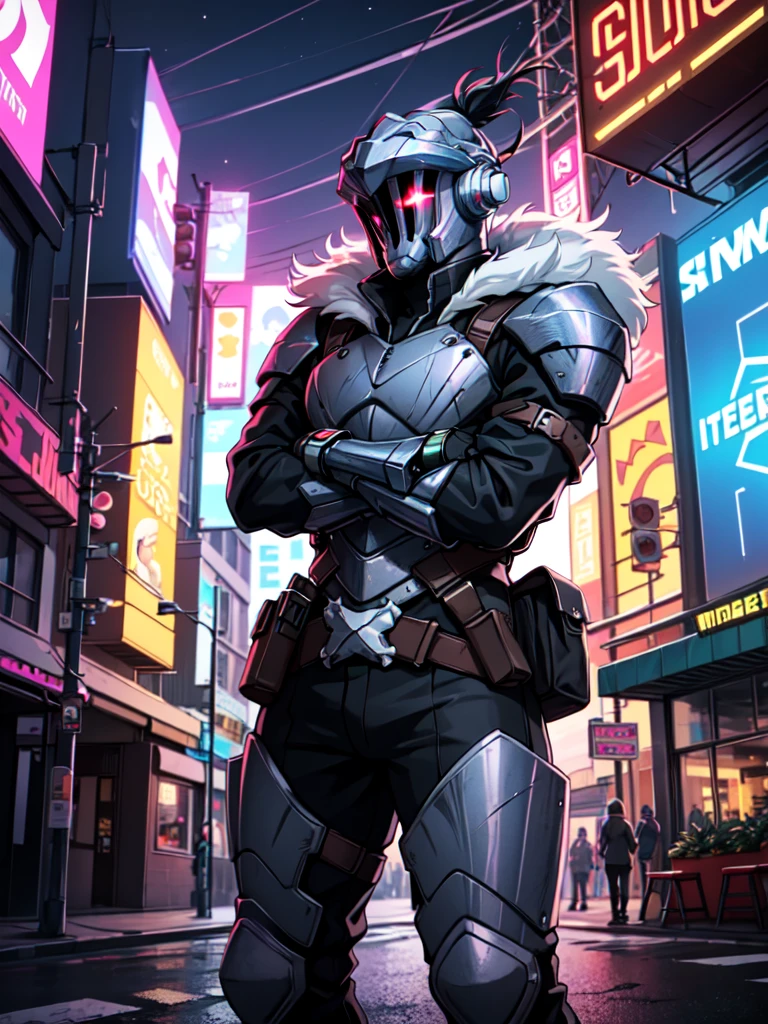 (reimagined in a cyberpunk universe), (cyberpunk style), (cyberpunk), (cyberpunk outfit),high quality, best quality, masterpiece, solo, 1boy, goblin slayer, cyberpunk armor, helmet, glowing eye, with a mechanical green mask, fur collar, against wall, crossed arms, looking at viewer, cyberpunk city,exomagmatech , scifi, lava made, translucent ,shinobitech , scifi, shinobi, bulky metal , (cyberpunk:1.1) , neon lights, vehicle on the street ,