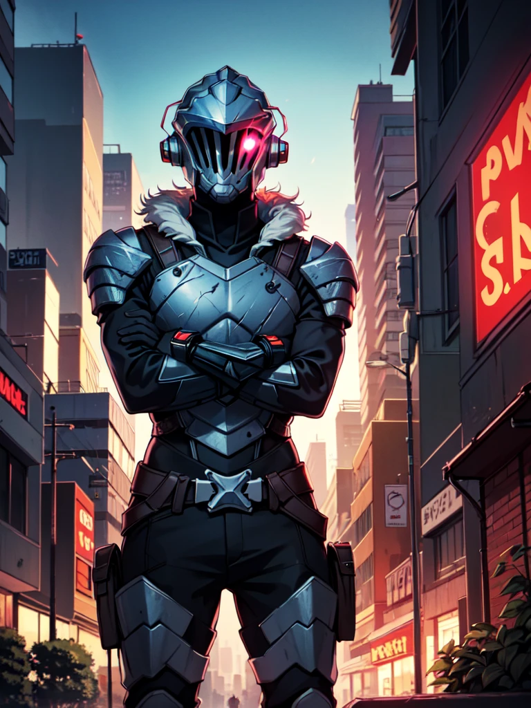 (reimagined in a cyberpunk universe), (cyberpunk style), (cyberpunk), (cyberpunk outfit),high quality, best quality, masterpiece, solo, 1boy, goblin slayer, cyberpunk armor, helmet, glowing eye, with a mechanical green mask, fur collar, against wall, crossed arms, looking at viewer, cyberpunk city,exomagmatech , scifi, lava made, translucent ,shinobitech , scifi, shinobi, bulky metal , (cyberpunk:1.1) , neon lights, vehicle on the street ,