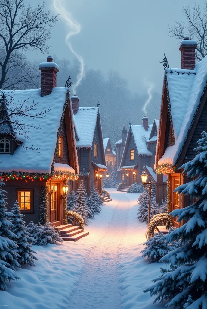 A small village covered in snow, the houses are decorated with Christmas lights and there is smoke coming out of the chimneys, the sky is grey and cloudy. 