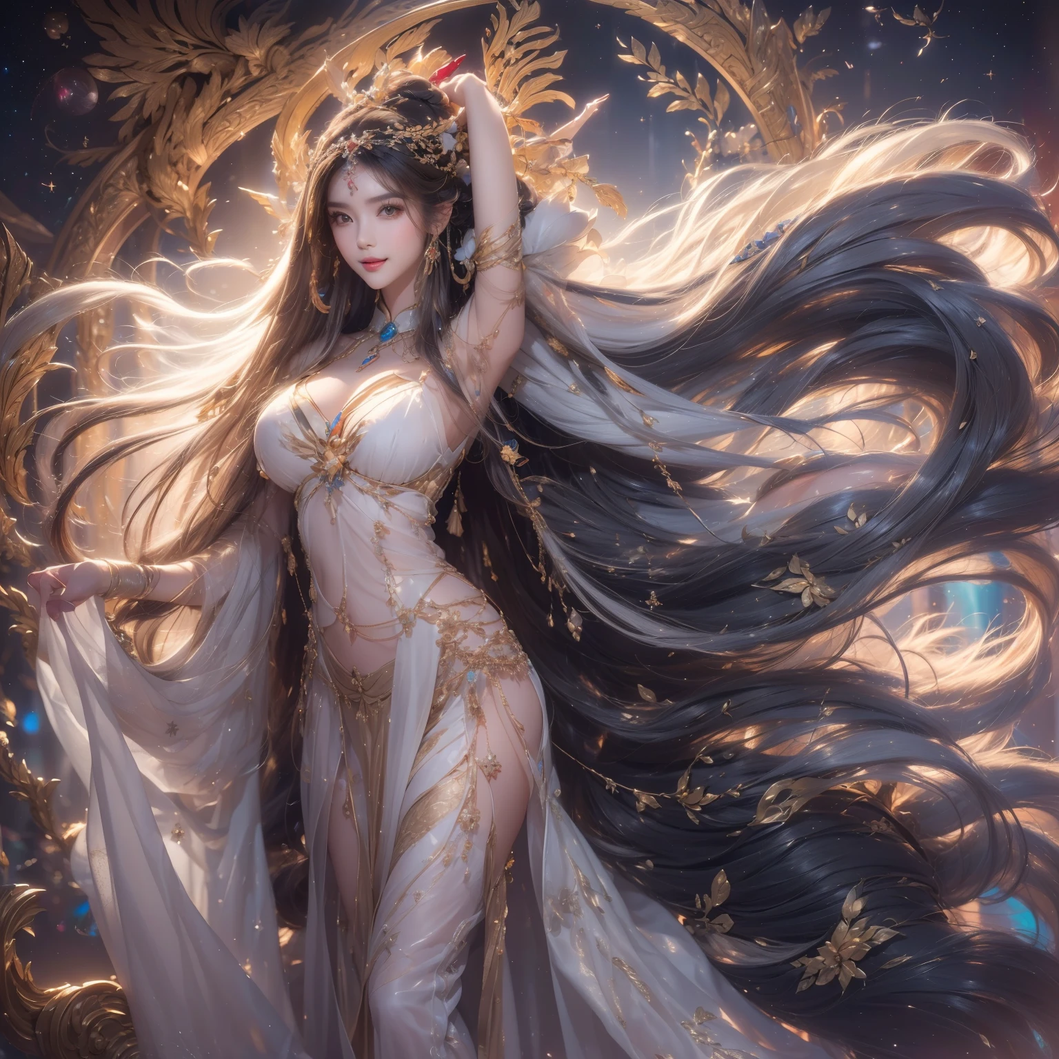 (best image quality、highest quality、highest resolution、Ultra-realistic photography、full body photo、masterpiece、16k、)one girl。Super super long hair hair。Hair length is over 20 meters。super ultra long hair。 Beautiful face with well-defined features。Young Caucasian Woman。Slender Body。Full body photo。White underwear or nude。Her long hair flows like a river 。Full body photo。White women。White skin。With a smile。Beautiful face with well-defined features。The longest hair in the world。World Long Hair Contest Winner。Her long hair spills out of the bed、Filling up the bedroom。The most beautiful woman in the world。Her hair is so long it looks like it will reach space。Long hair flying in the air。