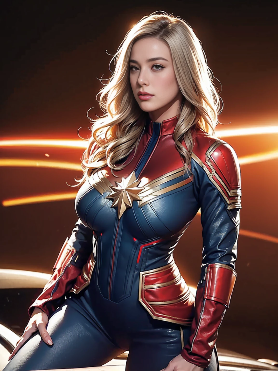 Meghan Markle, wearing Captain Marvel costume sexy clothes, her costume is transparent, (revealing her skin), professionally retouched, soft lighting, realistic, smooth face, perfect eyes, sharp focus on eyes, 8 k, high definition, insanely detailed, intricate, elegant. in a cosmic background, (((visible breasts))), she is removing her. Costume, visible nipples, visible vagina, blonde hair, blue eyes