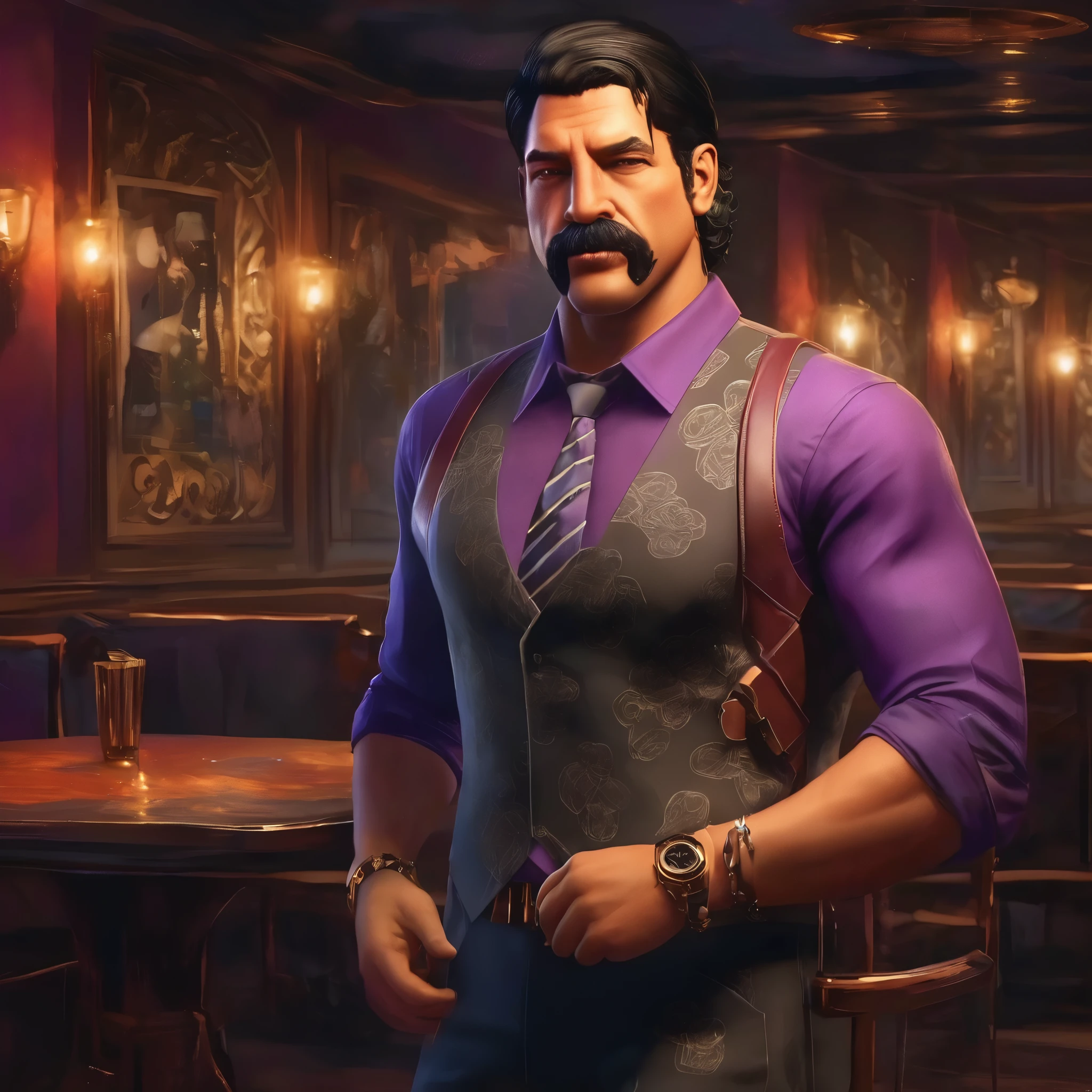 (obra maestra, Mejor calidad:1.2), 1 chico, thenahualli, serious, dangerous man, elegant, elegante, he is a gangster, purple shirt, standing, luxury restaurant, high class restaurant, indoor, Costa Rica, night, midnight, (((realistic, detailed, photorealistic)))