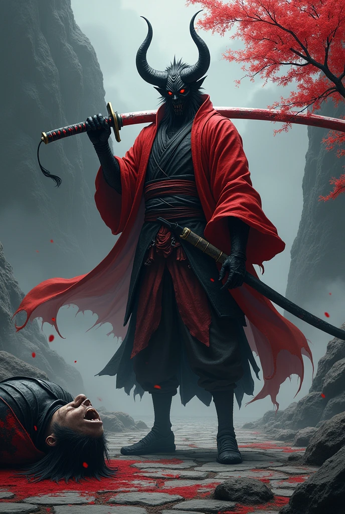 Female crow, solo, masterpiece, by killioma, samurai ronin, dark red skirt, standing, forest, serious expression, abs, chest wraps, long hair, katana,avian feet, elegant