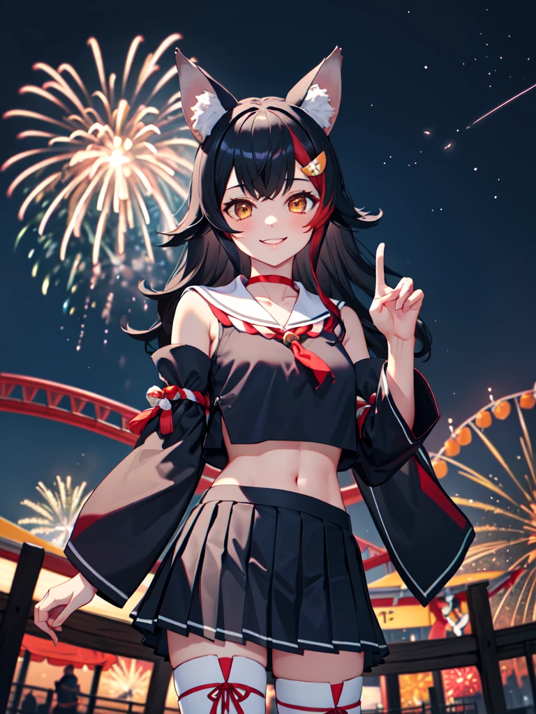 masterpiece, vibrant colours, best quality, detailed, highres, absurdres, score_9, score_8_up, score_7_up, masterpiece, best quality, highres, miosha1, hair ornament, wolf tail, red choker, black shirt, sailor collar, detached sleeves, black skirt, pleated skirt, white thighhighs, midriff, bell, rope, peace sign, cowboy shot, standing, amusement park, smile, standing, looking at viewer, night sky, night-time, fireworks,  cowboy shot, fisheye, Very aesthetic