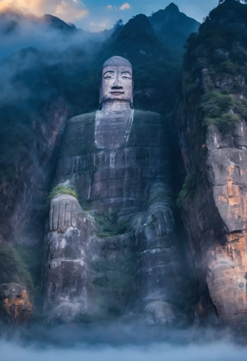 Majestic ancient rock statues carved into a towering mountain peak, Surrounded by fog and shadows, The two sides are surrounded by rugged cliffs. The setting sun casts a warm glow on the mountains in the background, Create a peaceful and mysterious atmosphere.