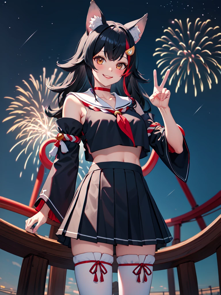 masterpiece, vibrant colours, best quality, detailed, highres, absurdres, score_9, score_8_up, score_7_up, masterpiece, best quality, highres, miosha1, hair ornament, wolf tail, red choker, black shirt, sailor collar, detached sleeves, black skirt, pleated skirt, white thighhighs, midriff, bell, rope, peace sign, cowboy shot, standing, amusement park, smile, standing, looking at viewer, night sky, night-time, fireworks,  cowboy shot, fisheye, Very aesthetic