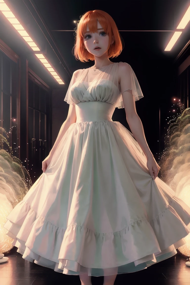 Yotsuba nakano, long iridescent organza dress, fluffy organza dress, veiled dress, extremely detailed, extremely pretty, long full dress, sparkling pink dress, sparkling threads in hair, short orange hair, green ribbon, blue eyes, splendid, gorgeous, dramatic lighting, ,