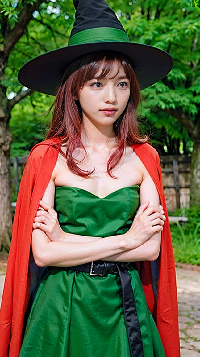 (masterpiece, Highest quality:1.1), magician (dq3), (alone),Beautiful Japanese Girls, alone, Pink Hair, Red eyes, witch hat, gloves, dress, Small and beautiful breasts、Beautiful cherry-colored areola、Erect nipples、Tight waist、Shaving, Green costume, (belt), boots, Orange Cape, No underwear、No underwear、staff, Black socks, witch, ((Upper Body Shot)), Wonderful landscape, Otherworldly landscapes,smile、My chest is wide open, Exposing small breasts.、Green Robe、Pull down the chest to expose the breasts