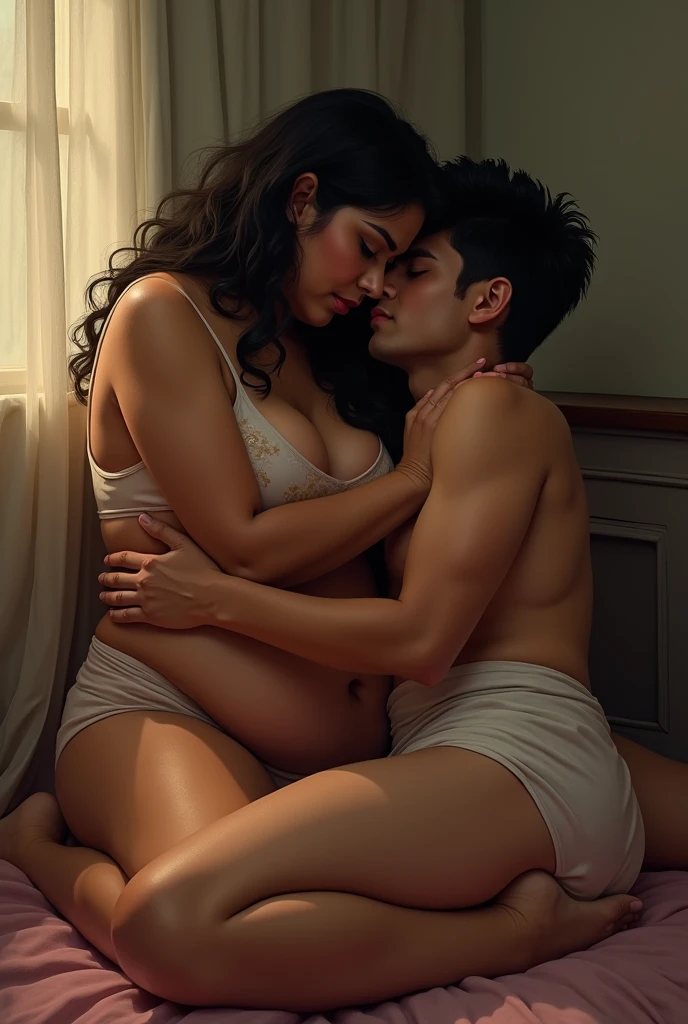 (masterpiece, best quality, extremely detailed), digital art, photorealistic, nsfw, explicit:3, creampie, romantic, erotic, nsfw, explicit, uncensored, sex, (A young man with long hair in a messy bun and a lanky skinny build lies in bed with a woman with small sagging breasts who is five years his senior. (french kiss, tongue, saliva) They are both naked, with the man positioned behind the woman in a spooning position. The man's hand is fondling the woman's breast, while his other hand is between her legs, thrusting his penis deeply into her vagina from behind. The woman's head is thrown back in ecstasy as the man kisses and nibbles on her neck. Her hairy vulva is open to him. The room is dimly lit, with candles casting a warm glow over the couple's entwined bodies. The genitalia are the centre of the image. hairy pussy, hairy bush, full bush, thick bush!, excessive pubic hair) (insanely detailed genitalia, hairy pussy, hairy bush, thick bush!, full bush, deep penetration, vaginal penetration )
