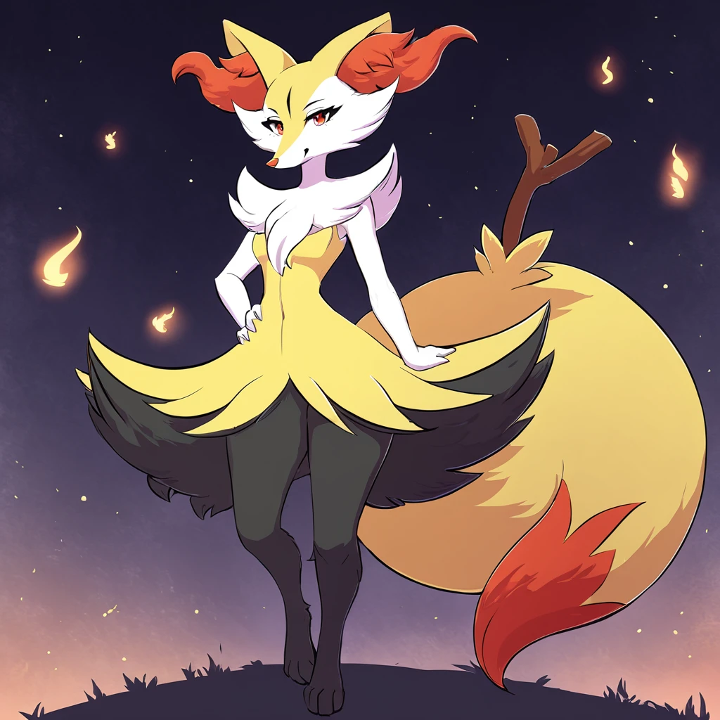 Full body Braixen with both hands on waist in anime art style, nocturne background