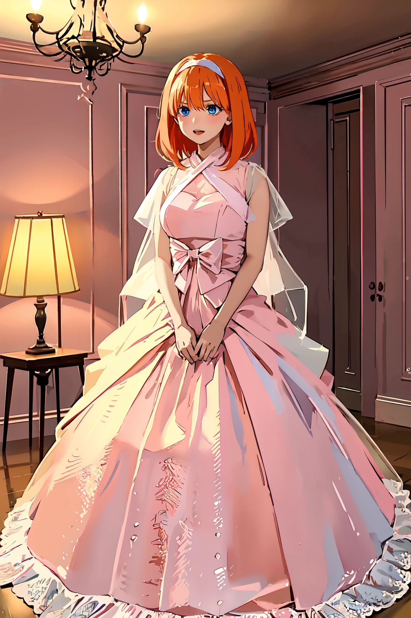 Yotsuba nakano, long iridescent organza dress, fluffy organza dress, veiled dress, extremely detailed, extremely pretty, long full dress, sparkling pink dress, sparkling threads in hair, short orange hair, green ribbon, blue eyes, splendid, gorgeous, dramatic lighting, ,