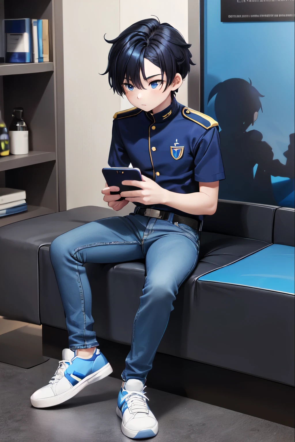 1boy, one boy, (blue iris, skinny man, black hair, black and blue hair, a blue strand hair dye on the front left, 1.8m tall, 20 years old, blue uniform, elegant jeans, black sneakers, white skin.) looking at phone in his hands.