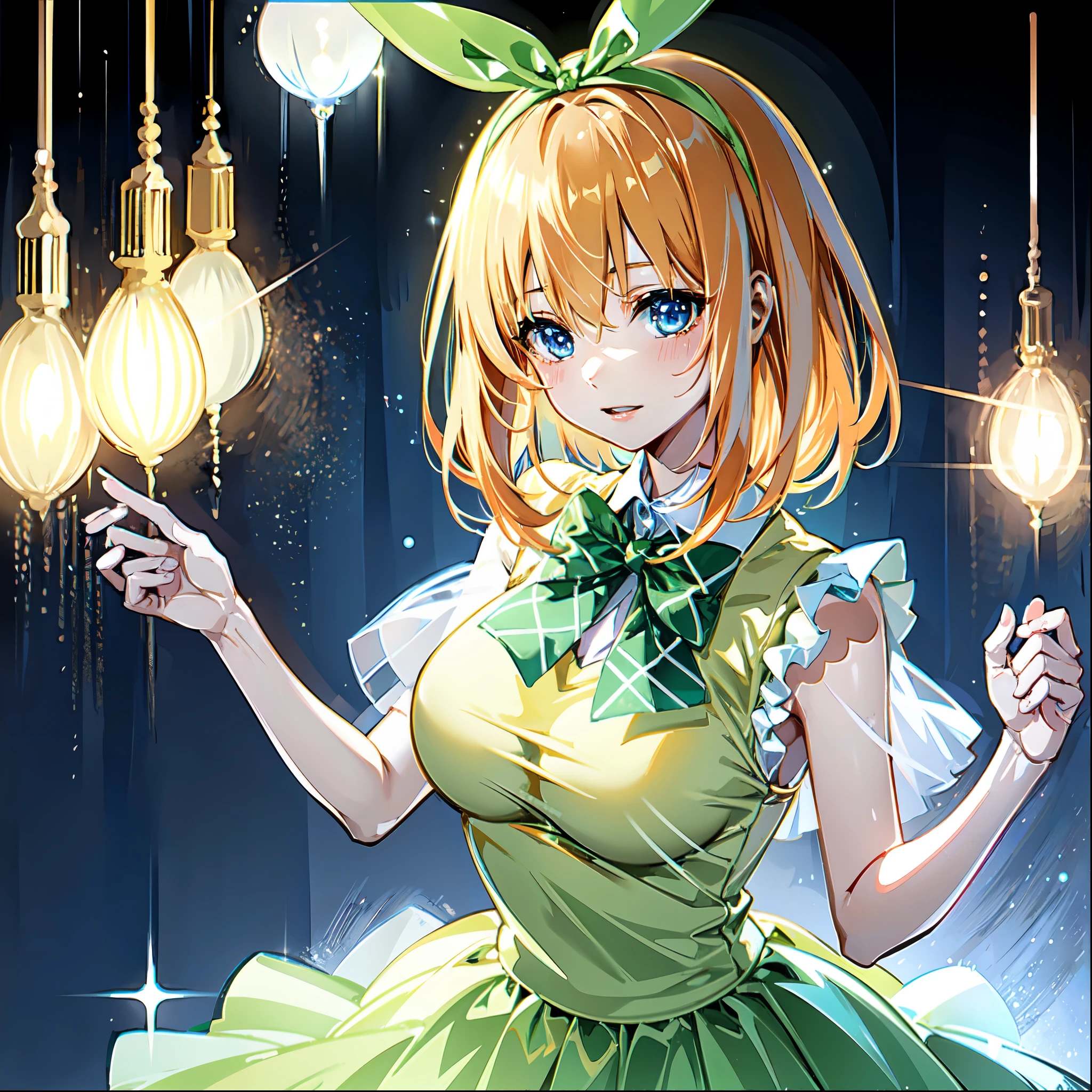 Pretty girl, nakano yotsuba, iridescent organza dress, fluffy organza dress, veiled dress, extremely detailed, extremely pretty,, sparkling threads in hair, splendid, gorgeous, dramatic lighting, short orange hair, blue eyes, green ribbon