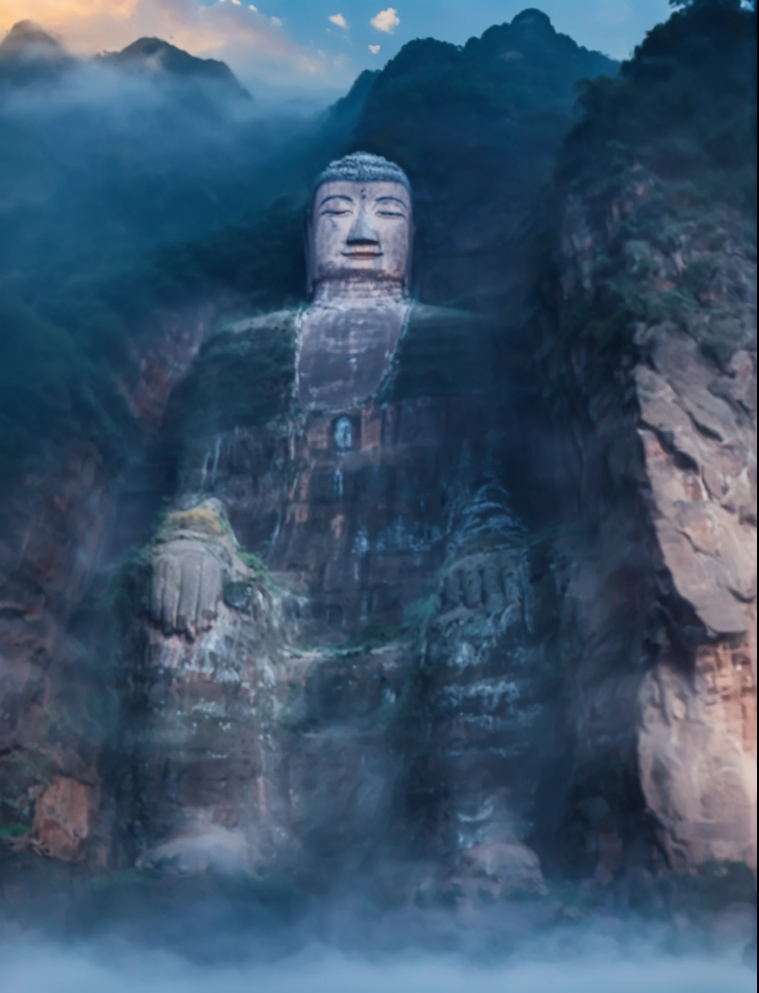 Majestic ancient rock Buddha statue carved into a towering mountain peak，Leshan Giant Buddha, Surrounded by fog and shadows, The two sides are surrounded by rugged cliffs. The setting sun casts a warm glow on the mountains in the background, Create a peaceful and mysterious atmosphere.