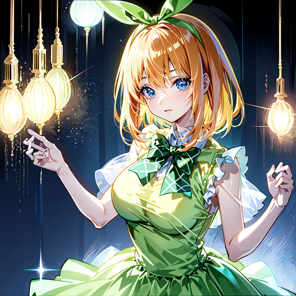 Pretty girl, nakano yotsuba, iridescent organza dress, fluffy organza dress, veiled dress, extremely detailed, extremely pretty,, sparkling threads in hair, splendid, gorgeous, dramatic lighting, short orange hair, blue eyes, green ribbon