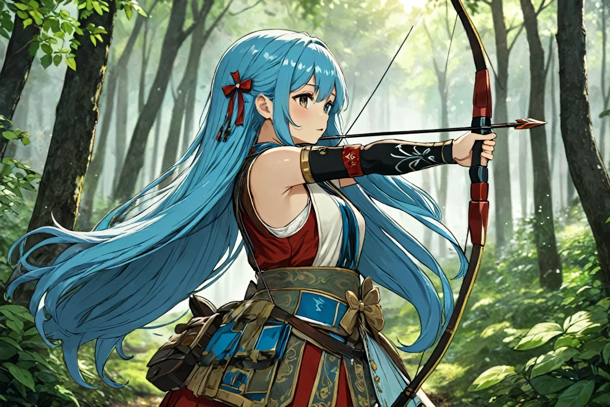 Light blue long hair, Traditional attire, Red and white colors, Arm guard, Has a bow, Quiver with arrows on the back, Draw an arrow, In the forest of fresh greenery、Concentrated pose, View the target, Cinema lighting、An atmosphere of determination, Front view, Shallow depth of field, Focus sharply on the subject, Well-balanced exposure.