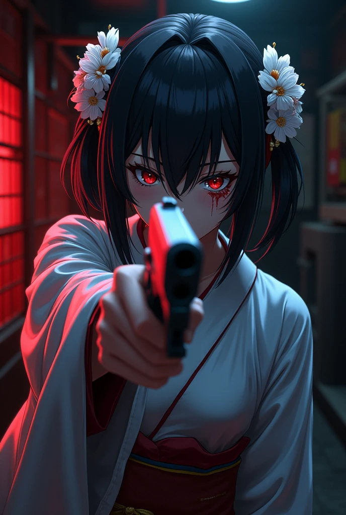 Assassin in kimono,Night brothel,Flower hairpins,Pointing a gun at the viewer,Anime Art,Anime illustration,Assassin,Sharp Eyes,Blood on face