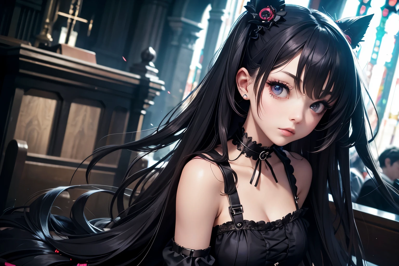 Gothic ****ta fashion, a beautiful girl with long hair, cute, face forward, cyberpunk, Choker, One-piece dress, Arm Covers,  ull body shot, Church