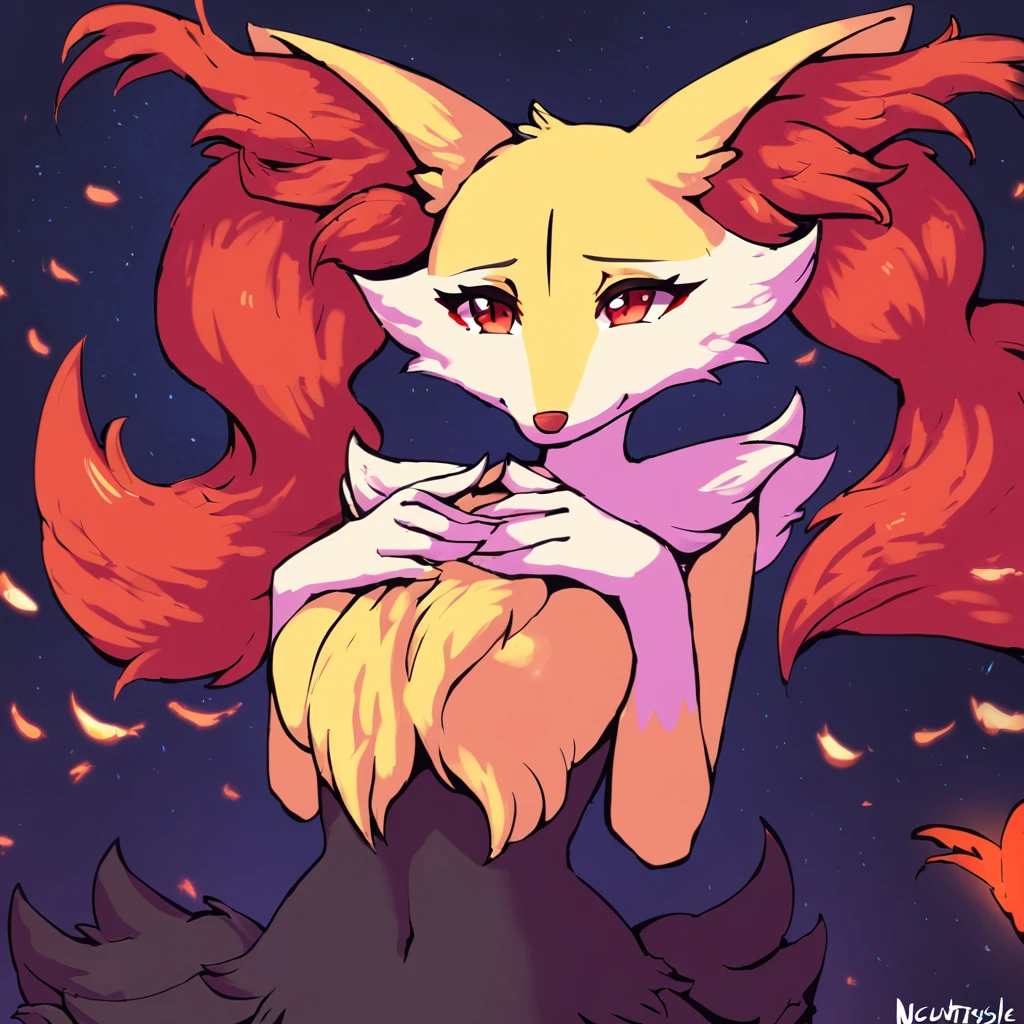 Super hot Braixen with both hands on her chest, anime artstyle, nocturne background