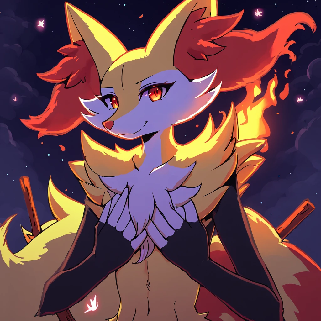 Super hot Braixen with both hands on her chest, anime artstyle, nocturne background