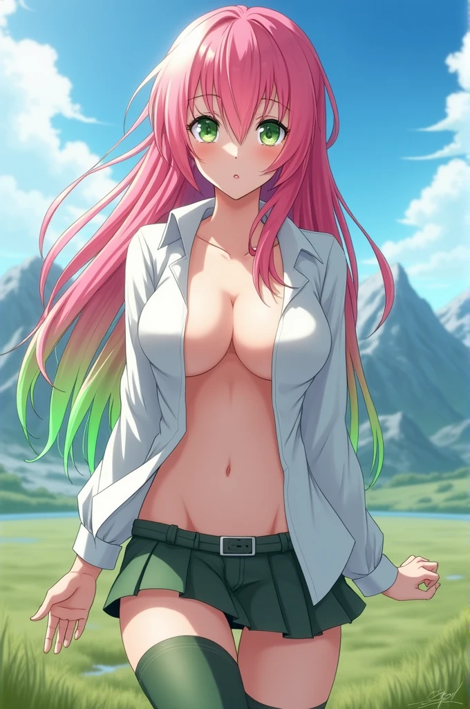 Anime female character, light pink hair, green eyes, small breasts, covered by a coat, slightly torn clothing, NSFW, in a crowded bunker