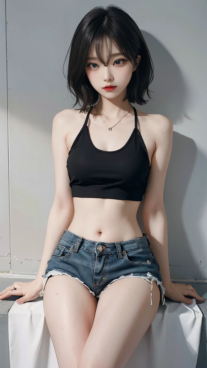 Generate an image of a woman with short black hair, Tattoos on the arms, wearing a collar, crop top, and shorts. Capture the details of your accessories, Emphasize the style and attitude they bring to her appearance. Keep a pensive expression while smoking, Ensure the overall composition reflects fashionable fusion, personality, Wainai reflection. Use lighting techniques to enhance visual impact, Create compelling female images in thoughtful moments of self-expression.