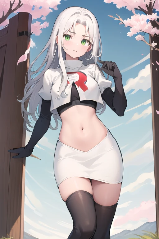 best quality, (masterpiece:1.2), illustration, absurdres,
(1girl), (solo), (beautiful detailed girl), 
white hair, long hair, green eyes, medium breasts
green beret, team rocket,team rocket uniform,white skirt,red letter R,crop top,black thigh-highs,black elbow gloves,
looking at viewer, 
distant mountains, cherry trees, cherry blossom, petals, river,