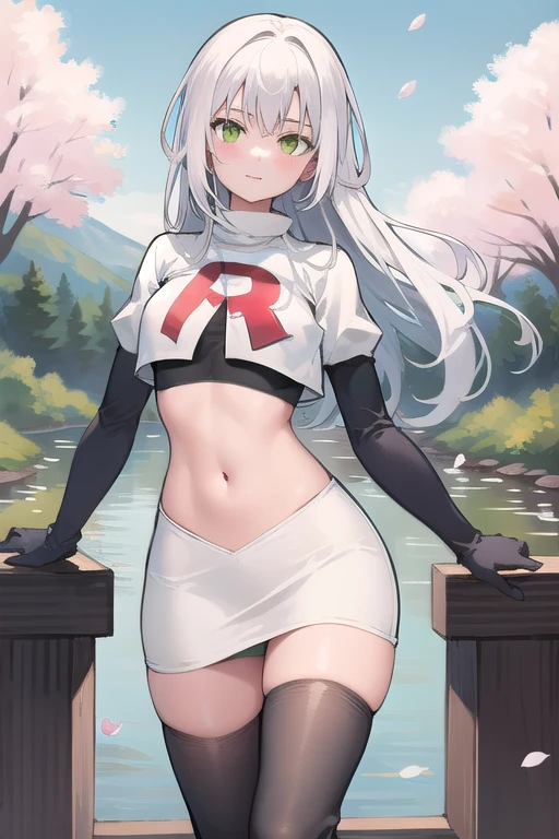 best quality, (masterpiece:1.2), illustration, absurdres,
(1girl), (solo), (beautiful detailed girl), 
white hair, long hair, green eyes, medium breasts
green beret, team rocket,team rocket uniform,white skirt,red letter R,crop top,black thigh-highs,black elbow gloves,
looking at viewer, 
distant mountains, cherry trees, cherry blossom, petals, river,