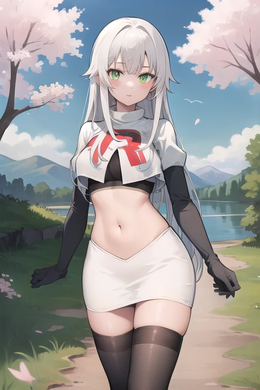 best quality, (masterpiece:1.2), illustration, absurdres,
(1girl), (solo), (beautiful detailed girl), 
white hair, long hair, green eyes, medium breasts
green beret, team rocket,team rocket uniform,white skirt,red letter R,crop top,black thigh-highs,black elbow gloves,
looking at viewer, 
distant mountains, cherry trees, cherry blossom, petals, river,