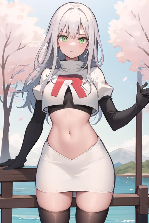 best quality, (masterpiece:1.2), illustration, absurdres,
(1girl), (solo), (beautiful detailed girl), 
white hair, long hair, green eyes, medium breasts
green beret, team rocket,team rocket uniform,white skirt,red letter R,crop top,black thigh-highs,black elbow gloves,
looking at viewer, 
distant mountains, cherry trees, cherry blossom, petals, river,