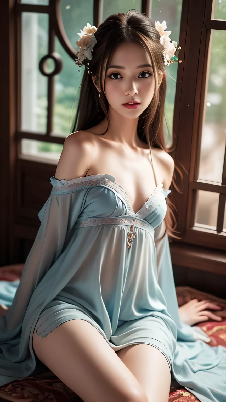 In the depths of Wonderland,The moonlight falls like water,foggy room,The figure of the heroine is vaguely visible,Just like the fairy in the painting,Slender sexy legs,Very nice legs,Leaking sexy legs,Big breasts,美丽而又带着一丝mystery的色彩。Her face is beautiful and delicate,Like finely carved jade,Showing otherworldly beauty。The eyebrows are picturesque,The waves in my eyes are like twinkling stars,Show the light of perseverance and wisdom。The bridge of the nose is straight,Lip color like cherry,The slightly raised corners of the mouth reveal confidence and calmness。Her face is well defined,The skin is as fair as jade,Reveals a healthy glow,Just like a fairy, she never eats fireworks in the world。Her makeup is light and delicate,Not too much embellishment,But enough to show her temperament and charm。Light-colored foundation brings out the transparency of the skin,A light eyebrow pencil outlines her perfect eyebrow shape,Eye makeup is eye shadow and eyeliner,Make her eyes brighter and more energetic。嘴唇涂上grace的口红,Adds a bit of charm and sophistication。她的衣服grace别致,Clothes flutter,It seems like it will be blown up by the wind at any time,drifting into the distance。既不失grace,Also showed her extraordinary skills。A wide belt is tied around the waist,There is a crystal clear jade pendant hanging on it,Rocking with her movements。Her hair is tied back casually,Secure it with a hosta,A few strands of hair are fluttering gently in the wind,Adds a bit of softness。Her figure is looming in the fairyland,宛如一道Big breasts美丽的风景线,attracted everyone's attention。She seems to be a fairy in wonderland,Big breasts美丽、grace、mystery、and full of power。