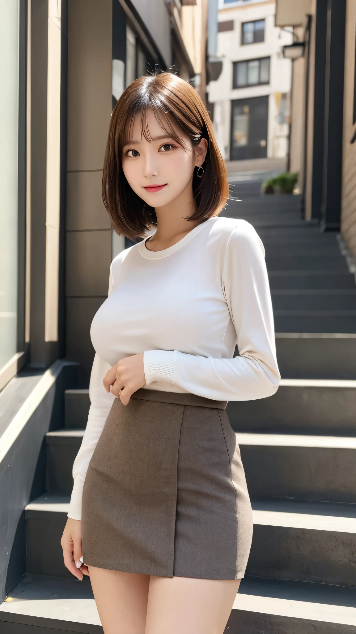 1 Beautiful Japanese Women, (30 years old), mature, Eye for detail,Single eyelid, Brown eyes, Huge breasts, Cute Smile, Thighs, Front view, Perfect Anatomy, highest quality, Ultra-high resolution, masterpiece, Realistic:1.3, Sidewalk,pose and look back,(Champagne gold blouse) (Leather skirt),