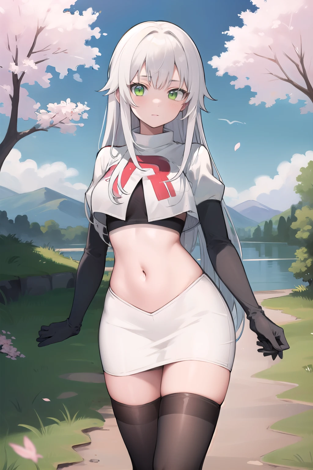 best quality, (masterpiece:1.2), illustration, absurdres,
(1girl), (solo), (beautiful detailed girl), 
white hair, long hair, green eyes, medium breasts
green beret, team rocket,team rocket uniform,white skirt,red letter R,crop top,black thigh-highs,black elbow gloves,
looking at viewer, 
distant mountains, cherry trees, cherry blossom, petals, river,