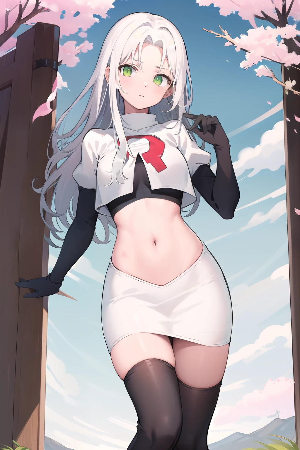 best quality, (masterpiece:1.2), illustration, absurdres,
(1girl), (solo), (beautiful detailed girl), 
white hair, long hair, green eyes, medium breasts
green beret, team rocket,team rocket uniform,white skirt,red letter R,crop top,black thigh-highs,black elbow gloves,
looking at viewer, 
distant mountains, cherry trees, cherry blossom, petals, river,