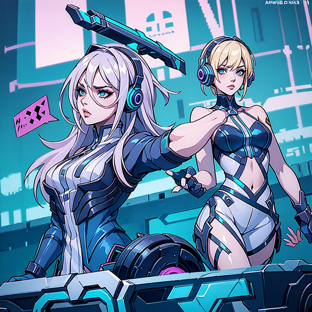 Sensual model pose Blonde silver hair skin, gamer, headphones, (cosplay no aria from Mobile Legends)