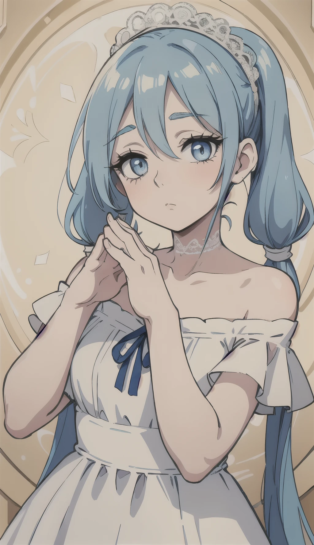 Blue hair two pigtails, golden eyes with thick eyelashes, neutral expression, white off the shoulder dress with stitching and lace detail, clear skin, hands making symbol of love and peace