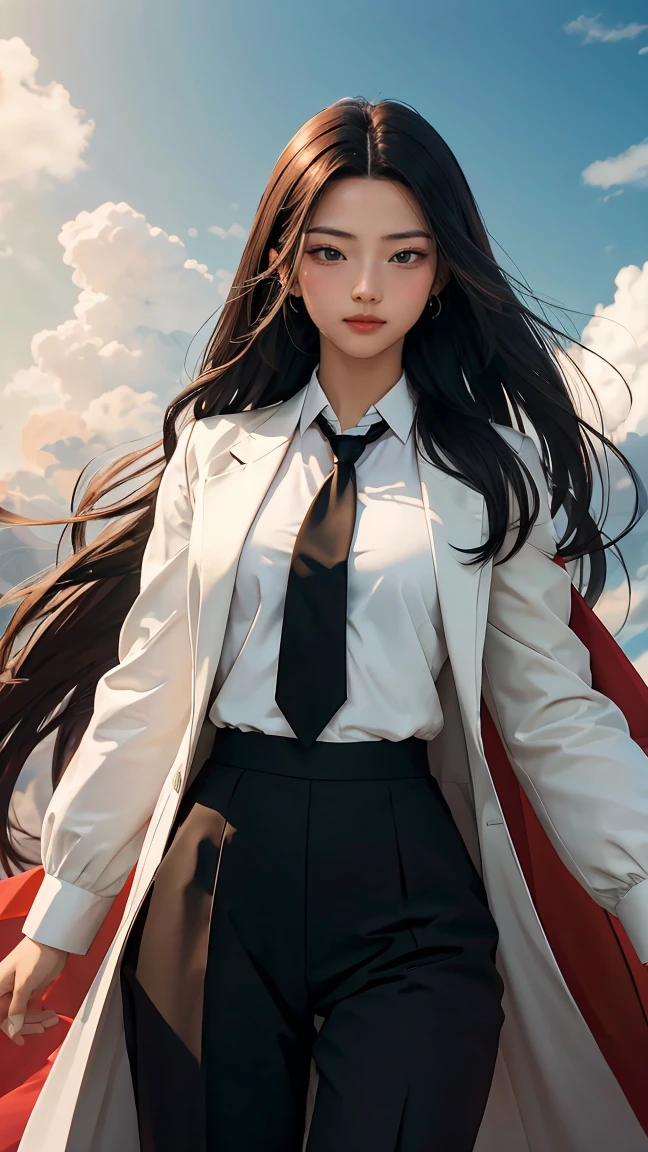 ((Masterpiece, best quality, very detailed), Volumetric light, surrounding occlusion, Rich and colorful, glow), 1 woman, , young girl, (Smooth black), long hair, radius, sacred, goddess, CEO Luke, (black suit, White shirt and red tie:1.3), long black coat, ((a green wind orb on hand)), outdoor, sunset, sky, cloud, (Fantasy Theme:1.2), (full body:0.8)