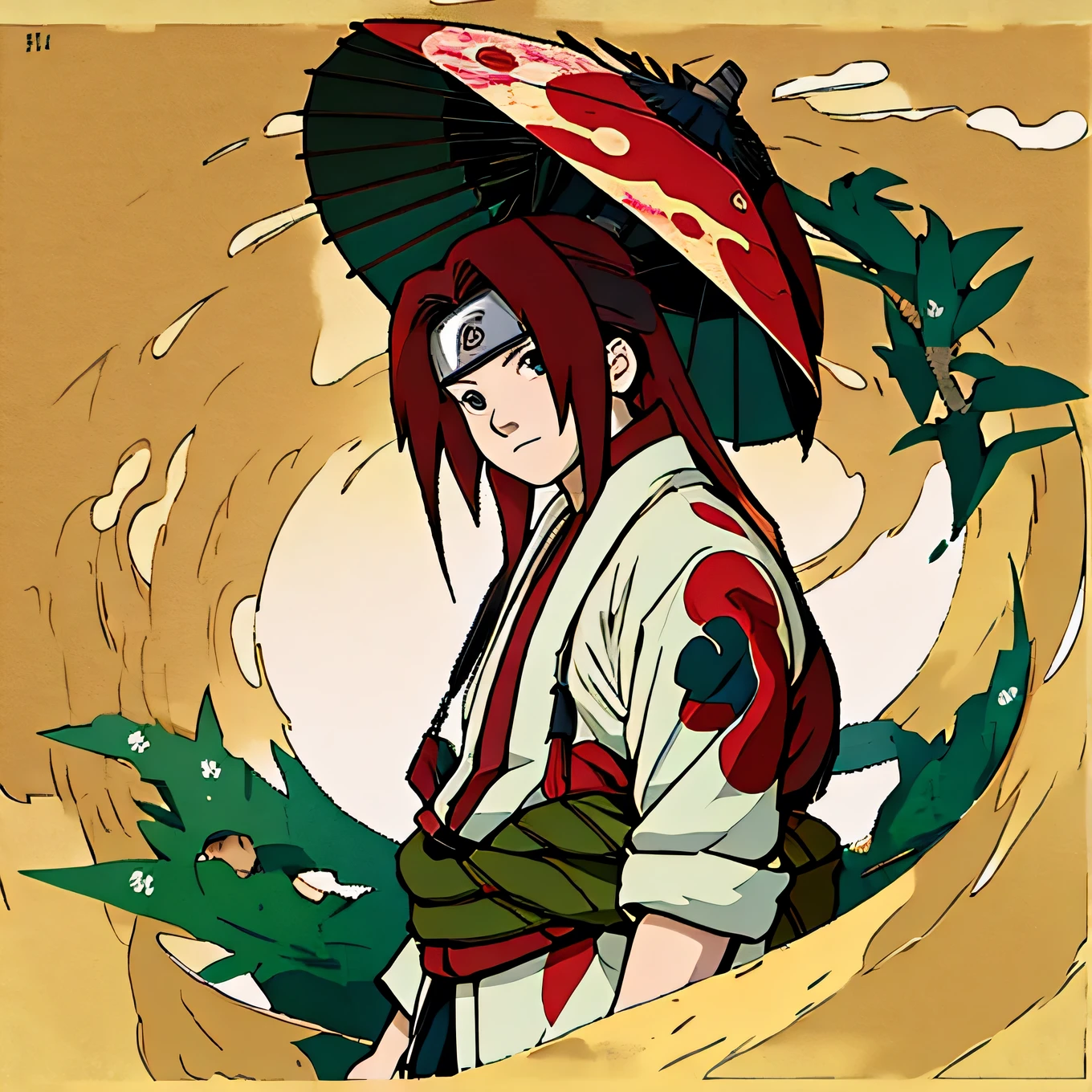 Photomontage of an original character with art in the style of the Naruto manga; a beautiful young Asian woman with long red hair wearing a dark flowery kimono holds an oriental umbrella made of bamboo 