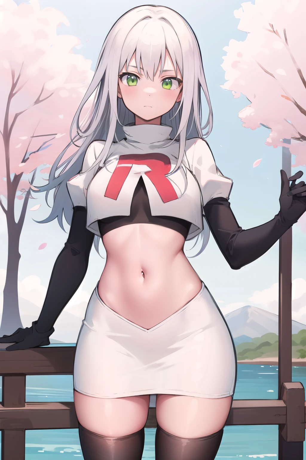 best quality, (masterpiece:1.2), illustration, absurdres,
(1girl), (solo), (beautiful detailed girl), 
white hair, long hair, green eyes, medium breasts
green beret, team rocket,team rocket uniform,white skirt,red letter R,crop top,black thigh-highs,black elbow gloves,
looking at viewer, 
distant mountains, cherry trees, cherry blossom, petals, river,