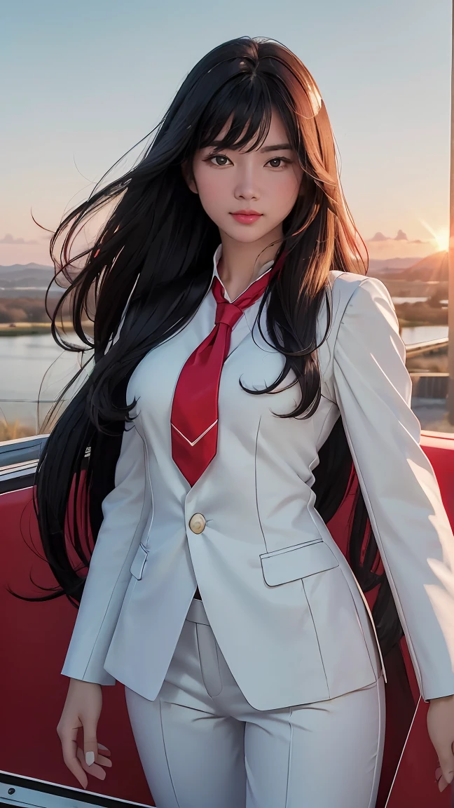 ((Masterpiece, best quality, very detailed), Volumetric light, surrounding occlusion, Rich and colorful, glow), 1 woman, lonely, young girl, (Black bangs), long hair, radius, wind energy, sacred, goddess, CEO vibe, (White suit with :Red necktie1.3), armor, outdoor, sunset, sky, cloud, space, (Fantasy Theme:1.2),