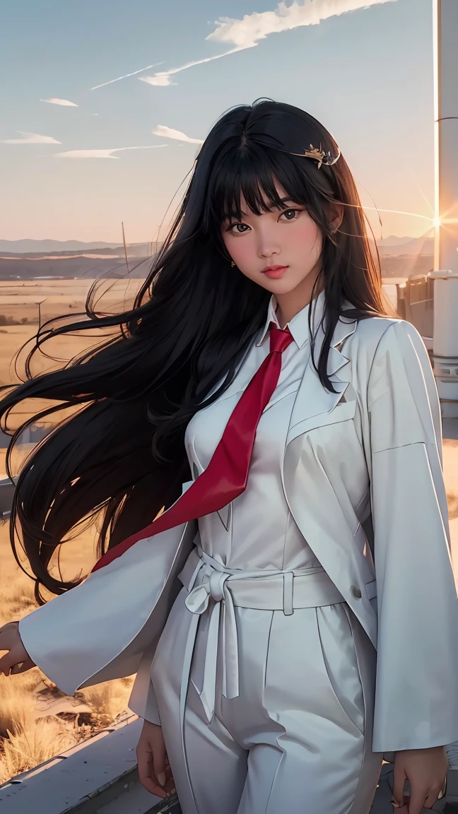 ((Masterpiece, best quality, very detailed), Volumetric light, surrounding occlusion, Rich and colorful, glow), 1 woman, lonely, young girl, (Black bangs), long hair, radius, wind energy, sacred, goddess, CEO vibe, (White suit with :Red necktie1.3), armor, outdoor, sunset, sky, cloud, space, (Fantasy Theme:1.2),