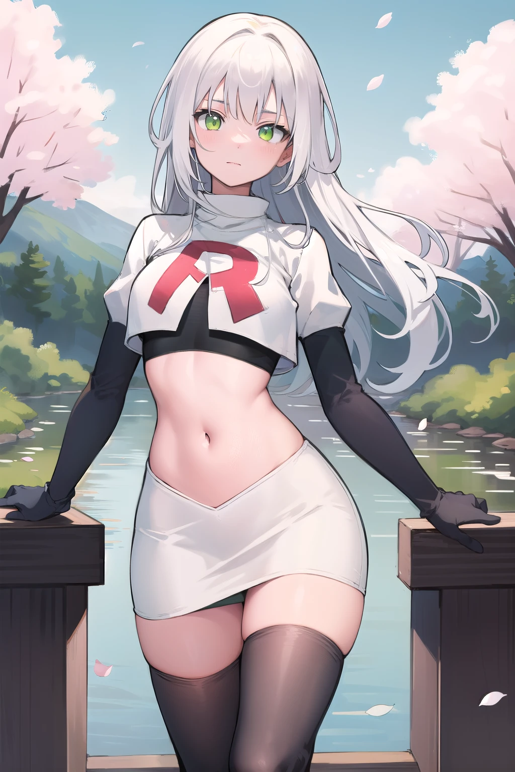 best quality, (masterpiece:1.2), illustration, absurdres,
(1girl), (solo), (beautiful detailed girl), 
white hair, long hair, green eyes, medium breasts
green beret, team rocket,team rocket uniform,white skirt,red letter R,crop top,black thigh-highs,black elbow gloves,
looking at viewer, 
distant mountains, cherry trees, cherry blossom, petals, river,