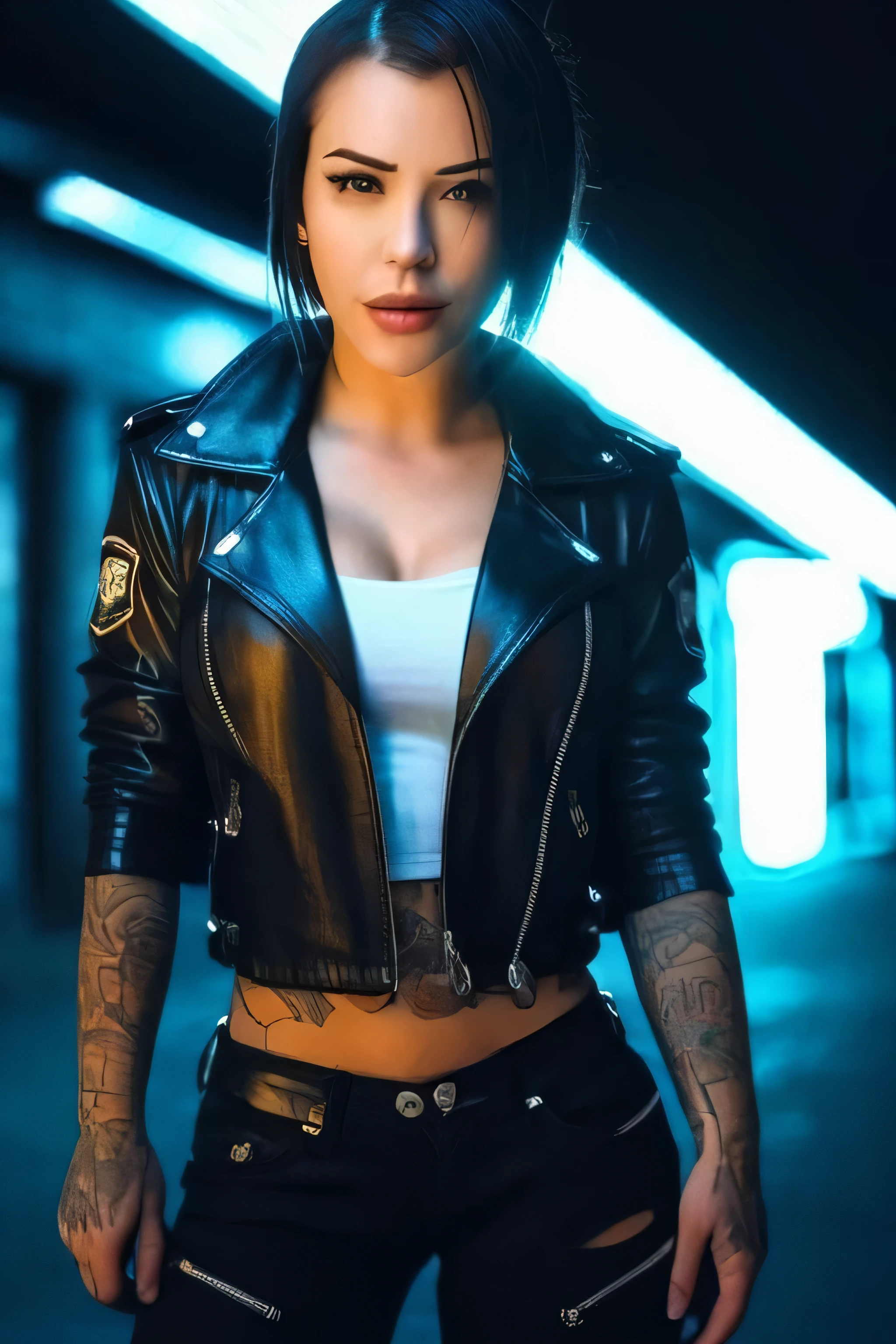 Portrait of emb-haiz, beautiful face, in cyberpunk city at night. She is wearing a leather open jacket,lingerie, black jeans, dramatic lighting, (police badge:1.2).