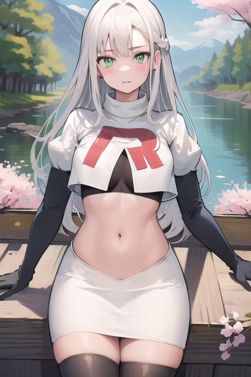 best quality, (masterpiece:1.2), illustration, absurdres,
(1girl), (solo), (beautiful detailed girl), 
white hair, long hair, green eyes, medium breasts
green beret, team rocket,team rocket uniform,white skirt,red letter R,crop top,black thigh-highs,black elbow gloves,
looking at viewer, 
distant mountains, cherry trees, cherry blossom, petals, river,