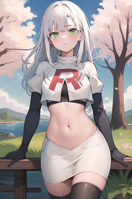 best quality, (masterpiece:1.2), illustration, absurdres,
(1girl), (solo), (beautiful detailed girl), 
white hair, long hair, green eyes, medium breasts
green beret, team rocket,team rocket uniform,white skirt,red letter R,crop top,black thigh-highs,black elbow gloves,
looking at viewer, 
distant mountains, cherry trees, cherry blossom, petals, river,