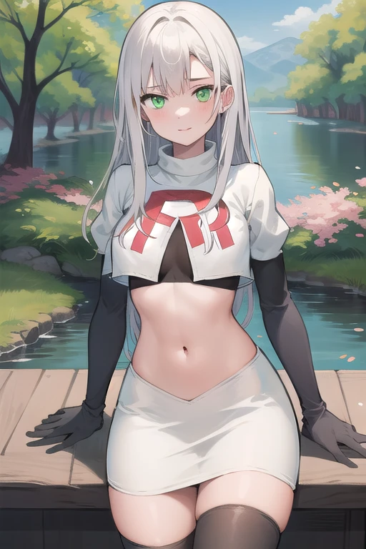 best quality, (masterpiece:1.2), illustration, absurdres,
(1girl), (solo), (beautiful detailed girl), 
white hair, long hair, green eyes, medium breasts
green beret, team rocket,team rocket uniform,white skirt,red letter R,crop top,black thigh-highs,black elbow gloves,
looking at viewer, 
distant mountains, cherry trees, cherry blossom, petals, river,