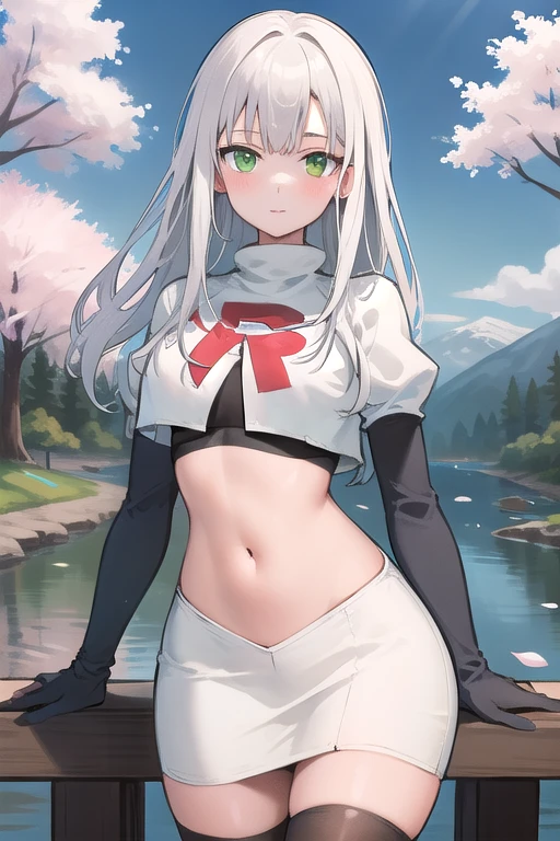 best quality, (masterpiece:1.2), illustration, absurdres,
(1girl), (solo), (beautiful detailed girl), 
white hair, long hair, green eyes, medium breasts
green beret, team rocket,team rocket uniform,white skirt,red letter R,crop top,black thigh-highs,black elbow gloves,
looking at viewer, 
distant mountains, cherry trees, cherry blossom, petals, river,