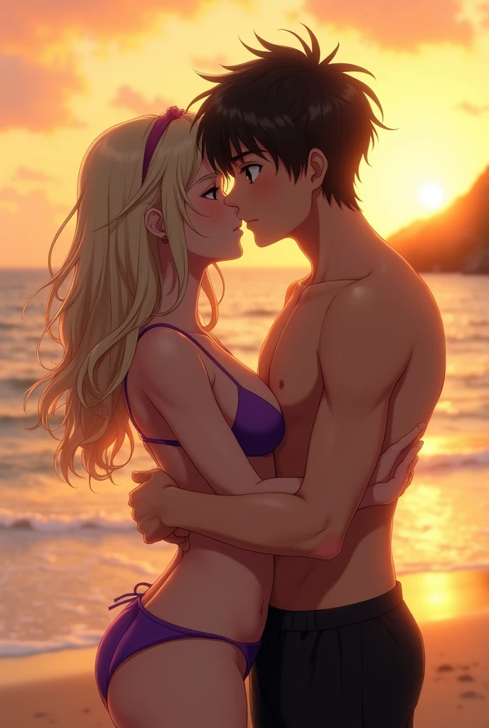 detailed anime style, young couple, (1 guy 1 girl), standing next to each other at the beach, (extreme height difference), (size difference); boyfriend: (tall), wide shoulders, younger, swim trunks, blonde hair, blue eyes, hot, cute, muscular; girlfriend: slim, bikini, (huge boobs), (((huge ass))), (short), hot, brunette,